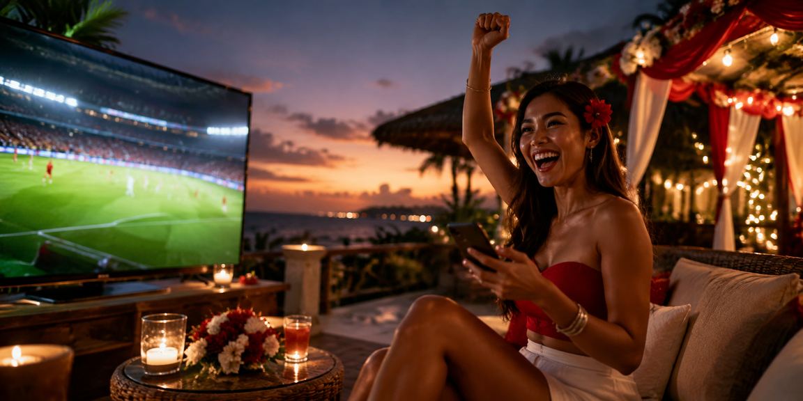 Pengguna mengakses aplikasi casino dari pantai menggunakan smartphone